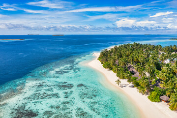 Amazing island beach. Maldives from aerial view tranquil tropical landscape seaside with palm trees on white sandy beach. Exotic nature shore, luxury resort island. Beautiful summer holiday tourism