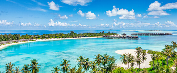 Beautiful Maldives paradise. Tropical aerial travel landscape, seascape with wooden bridge, water villas, amazing sea sand sky beach, tropical island nature. Exotic tourism destination summer vacation - obrazy, fototapety, plakaty