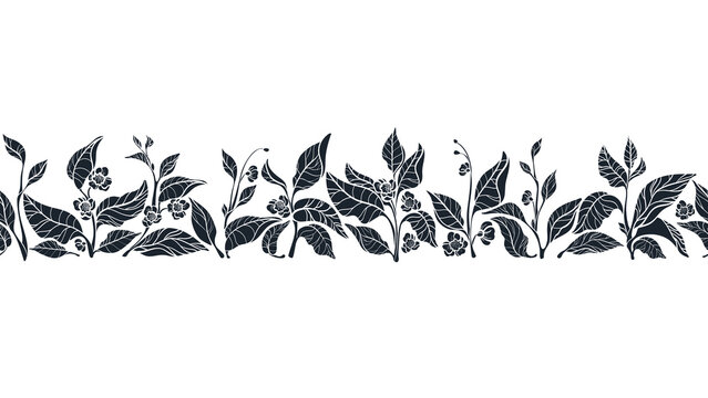 Black tea leaves. Vector border. Graphic pattern
