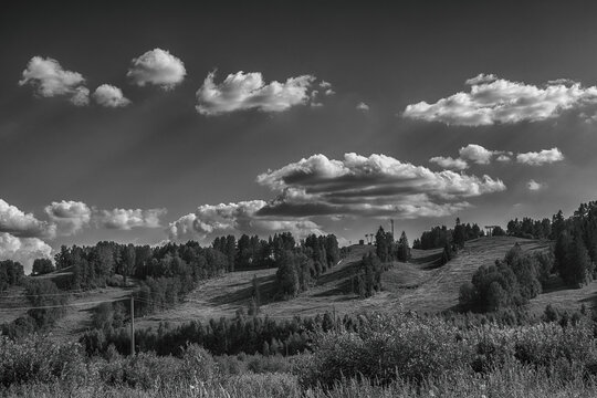 Dramatic summer black and white scenic with ski slopes