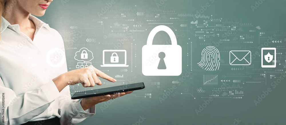 Poster internet network security concept with business woman using a tablet computer