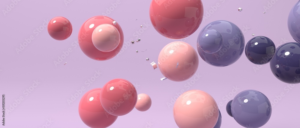 Poster scattered floating colored spheres on a vibrant background - 3d render