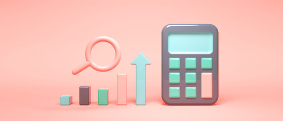 Calculation theme with calculator, bar graph and magnifying glass - 3d render