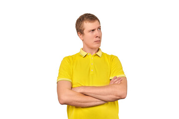 Suspicious man crossed arms on his chest, proud look isolated white background, disappointed emotion