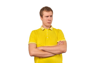 Suspicious man crossed arms on his chest, proud look isolated white background, disappointed emotion