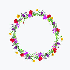 Decorative floral wreath of wildflowers, red, burgundy,crimson and yellow.