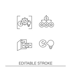 Business process line icons set. Share ideas and strategies to partners. Profitable startup. . Economy concepts. Isolated vector illustrations. Editable stroke