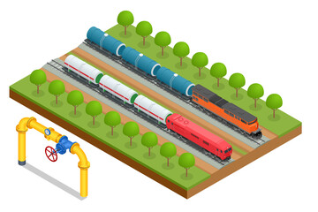 Naklejka premium Isometric transport tank car LNG by rail and gas. Oil gas industry. Transportation tank cars with oil.
