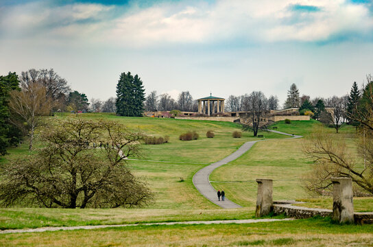 The burnt town of Lidice with the monument in the backgroud