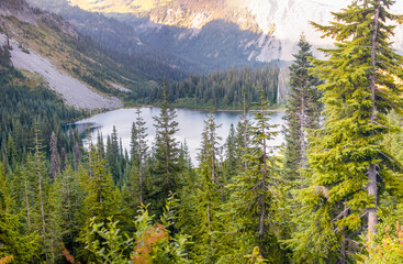 Lake in Mount Rainier National Park, panoramic view in summer se