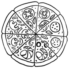 Pizza with different slices Hand drawn . Doodle Vector illustration