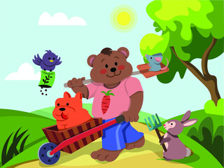 Bear and his animal friends go to work in garden with special tools. 