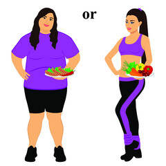 Thin and fat. Proper nutrition. Incorrect food. From fat to thin. Before and after. The choice. Healthy Lifestyle. The woman becomes thin. Isolated objects. Vector illustration.