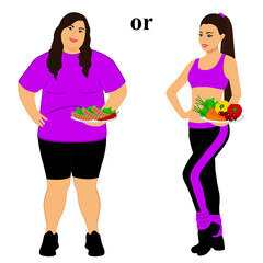 Thin and fat. Proper nutrition. Incorrect food. From fat to thin. Before and after. The choice. Healthy Lifestyle. Isolated objects. 