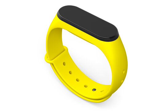 Yellow Fitness Tracker Or Smart Watch With Heart Rate Monitor Isolated On White