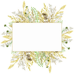 Watercolor greenery frame, Floral grass wreath. Hand drawn wild meadow herbs floral Botanical illustration isolated on white background, greeting card label border with copy space for text