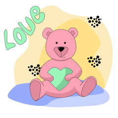 Cute pink teddy bear in cartoon style siting and holding heart. Template for greeting card, kids print, t-shirt design