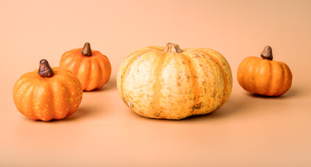 Orange pumpkins set on beige background. Autumn decoration, Halloween, Thanksgiving day concept. High quality photo