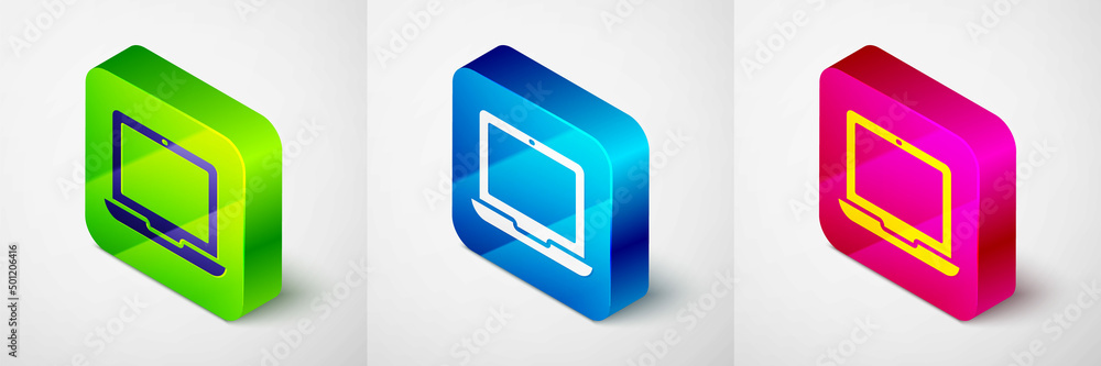 Poster isometric laptop icon isolated on grey background. computer notebook with empty screen sign. square 