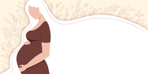 Banner template with beautiful pregnant woman and hand drawn elegant leaves background. Young beautiful pregnant woman, side view silhouette. Pregnancy flat character with long hair