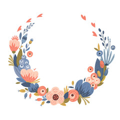 Round flower wreath with cute abstract flowers and leaves. For greeting cards, posters, invitations, art prints, baby shower, wedding. Hand drawn vector illustration