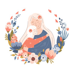 Beautiful mother and daughter smiling happy and hugging. Mom hugs her child. Happy Mother's day, women's day concept with flower wreath. Flat vector people isolated on white