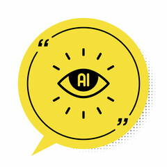 Black Artificial intelligence AI icon isolated on white background. Machine learning, cloud computing, automated support assistance and networks. Yellow speech bubble symbol. Vector