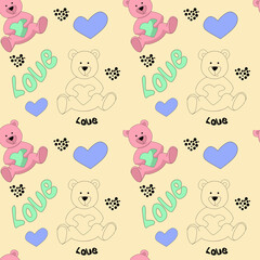 Teddy bear seamless pattern for girl design with heart and ward love