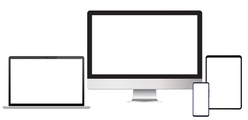 Devices mock up template. Desktop, laptop, tablet and smartphone realistic design