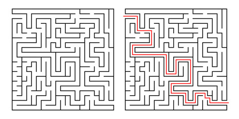Abstract labyrinth for kids and adult on white background. Vector illustration with black square maze. Labyrinth with entry and exit. 