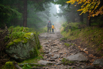 Obraz premium Mum and her little son go on a mountain trail in wet autumn weather. They are accompanied by a dog.