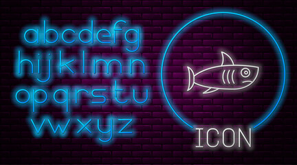 Glowing neon line Shark icon isolated on brick wall background. Neon light alphabet. Vector.