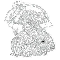 Fototapeta premium Adult coloring book page. Easter bunny and Easter basket with eggs. 