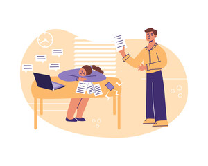 Burnout concept. Tired, frustrated, exhausted office worker. Flat vector illustration of fatigue at work