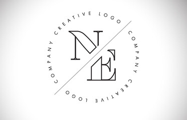 Outline NE n e letter logo with cut and intersected design and round frame.