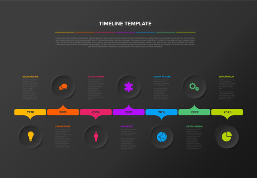 Seven Circle Steps Simple Dark Timeline Process Infographic