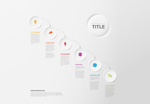 Simple Light Six Diagonal Circle Steps with Arrows Infographic Template