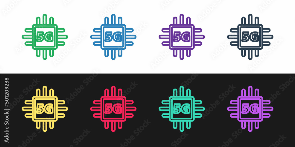 Poster set line computer processor 5g with microcircuits cpu icon isolated on black and white background. c