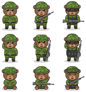 Vector illustrations of cute Bear as Soldier. Cute army set. flat cartoon character design.