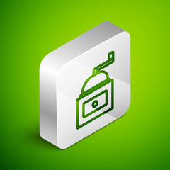 Isometric line Manual coffee grinder icon isolated on green background. Silver square button. Vector