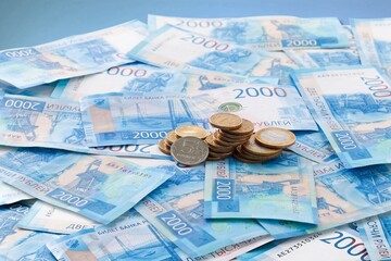 Currency background. Banknotes with coin and currency