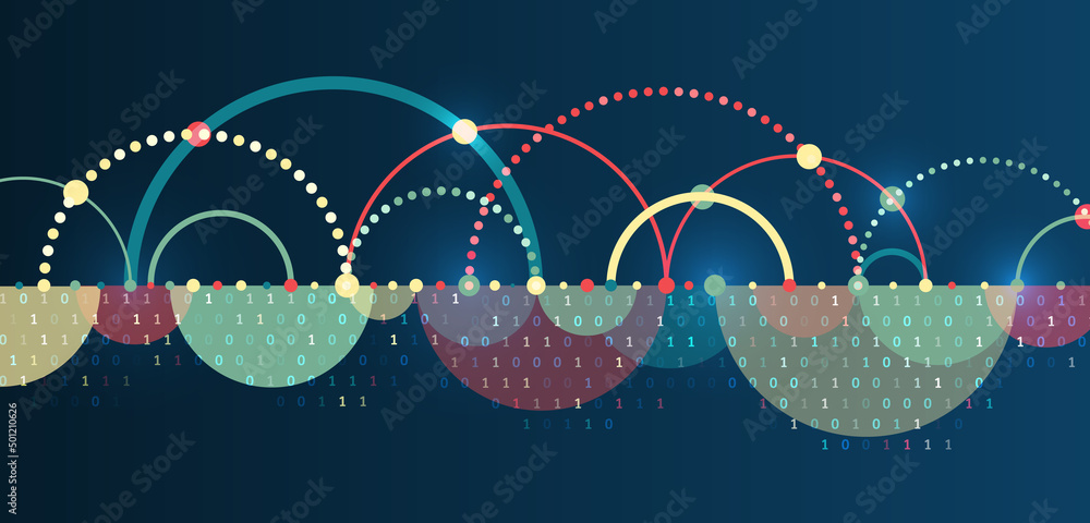 Poster Business analytics. The flow of information in the form of waves and particles. Visualization of a large amount of data. Abstract transformation of information. Processing sorting data fragmentation.