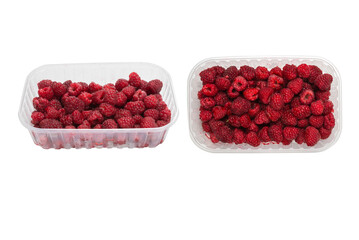Raspberry in plastic container isolated on white background.