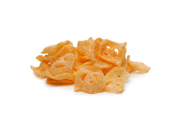 Crispy salted snacks on white background.