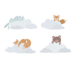 Cute animals on the clouds. A red fox cub, a roller and a bear cub are hiding among the clouds. Balloons and airship. Children's illustration, Cute print, vector. Isolated on a white background.