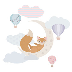 A cute little fox sleeps on a moon. Animal on the moon. Balloons and airship. Children's illustration, Cute print, vector. Isolated on a white background.