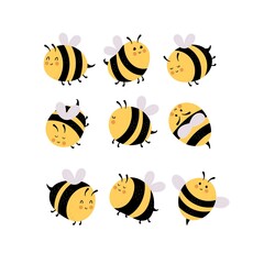 Set of cartoon bee. Flat style, colorful vector illuatration for kids. baby design for cards, poster decoration, t-shirt print