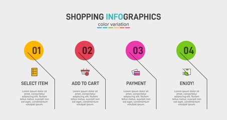 Concept of shopping process with 4 successive steps. Four colorful graphic elements. Timeline design for brochure, presentation, web site. Infographic design layout.