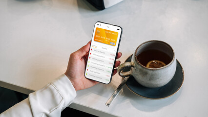 E banking concept. Girl holding mobile phone with internet online bank app. Credit card wallet application. Online wallet save money.