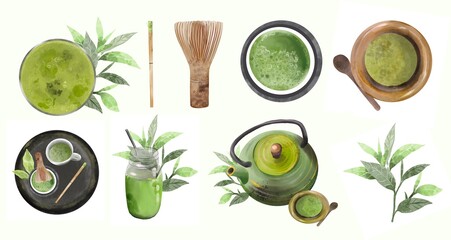 Matcha elements green tea organic composition. Asian hot drink healthy vegan elements